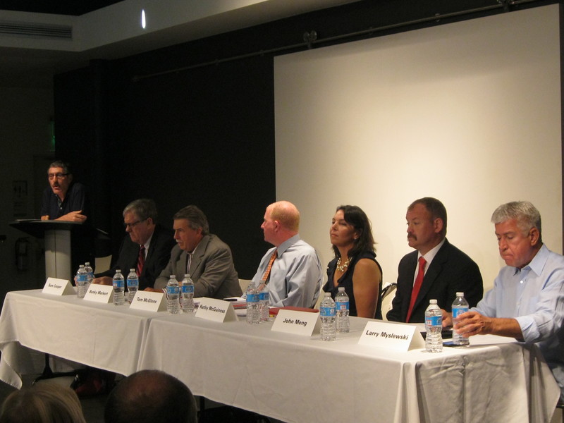 Six of the seven candidates in this year's Rehoboth Beach municipal election took the stage at CAMP Rehoboth's Community Center July 25 for a candidate's forum sponsored by CAMP Rehoboth and the Rehoboth Beach Homeowner's Association. Taking part are (l-r) Rehoboth Beach Homeowner's Association Chairman Charlie Browne, Mayor Sam Cooper, Francis "Bunky" Markert, Tom McGlone, Kathy McGuiness, John Meng and Larry Myslewski. BY RYAN MAVITY